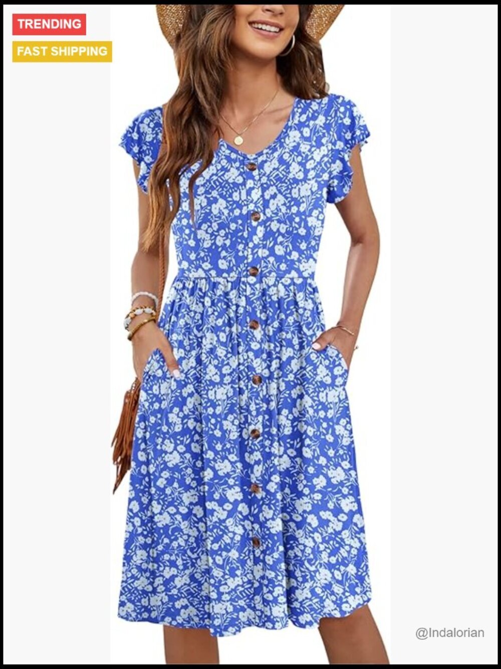 Casual Loose Cap Sleeve Swing Button Down Summer Dress with Pockets